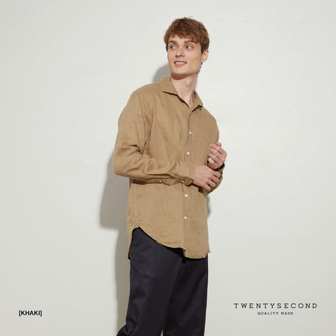 GIO LINEN SPREAD COLLAR SHIRT - OLIVE