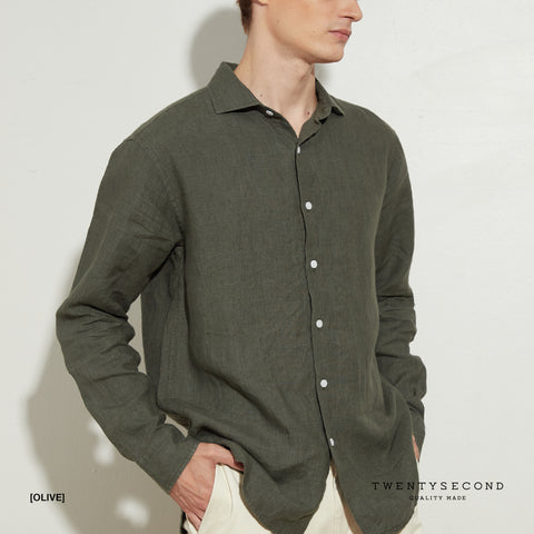 GIO LINEN SPREAD COLLAR SHIRT - NAVY