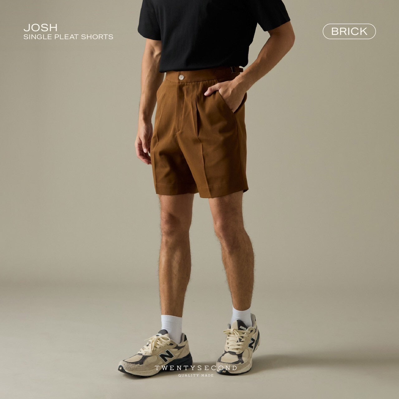 JOSH SINGLE PLEAT SHORTS - BRICK