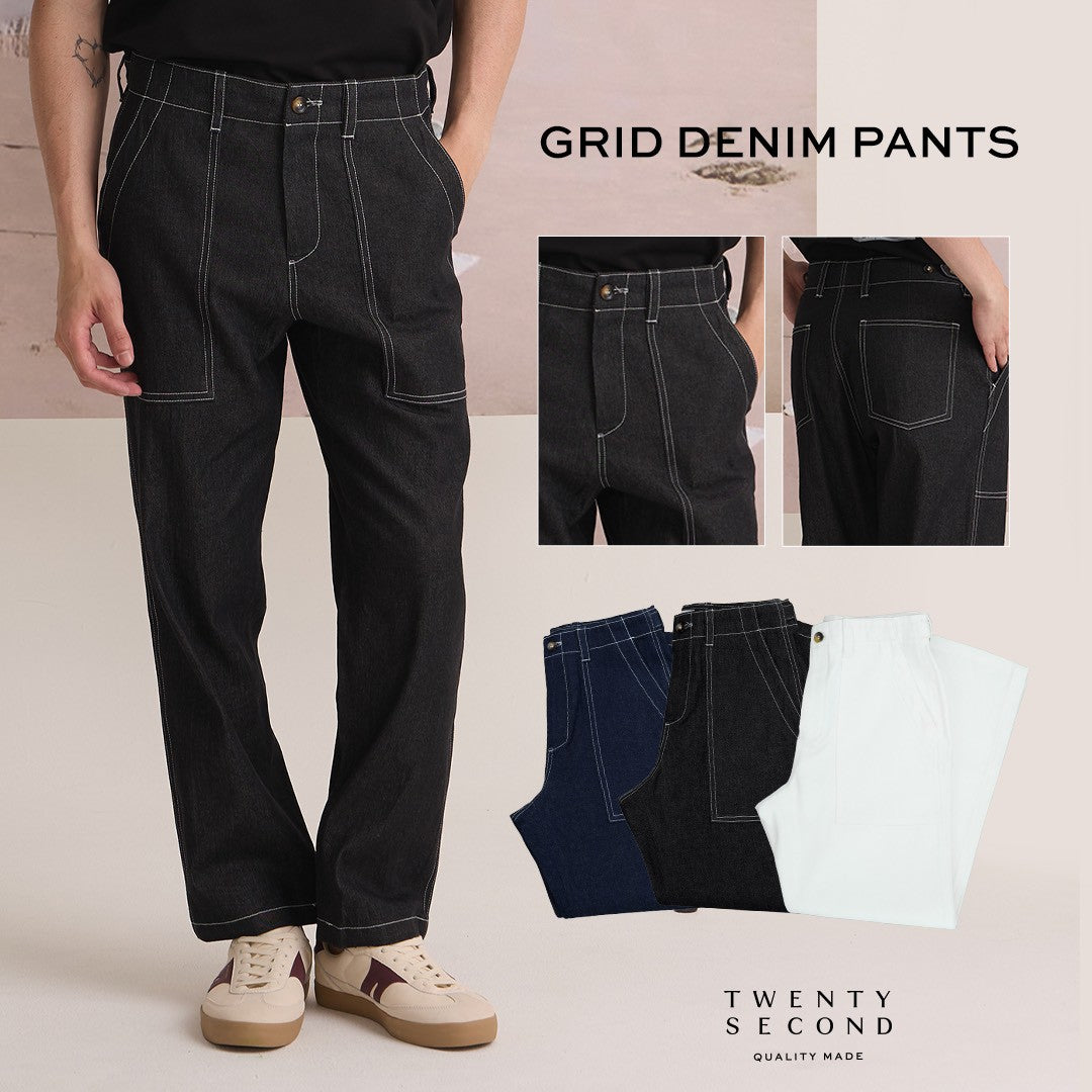 GRID DENIM PANTS - WHITE