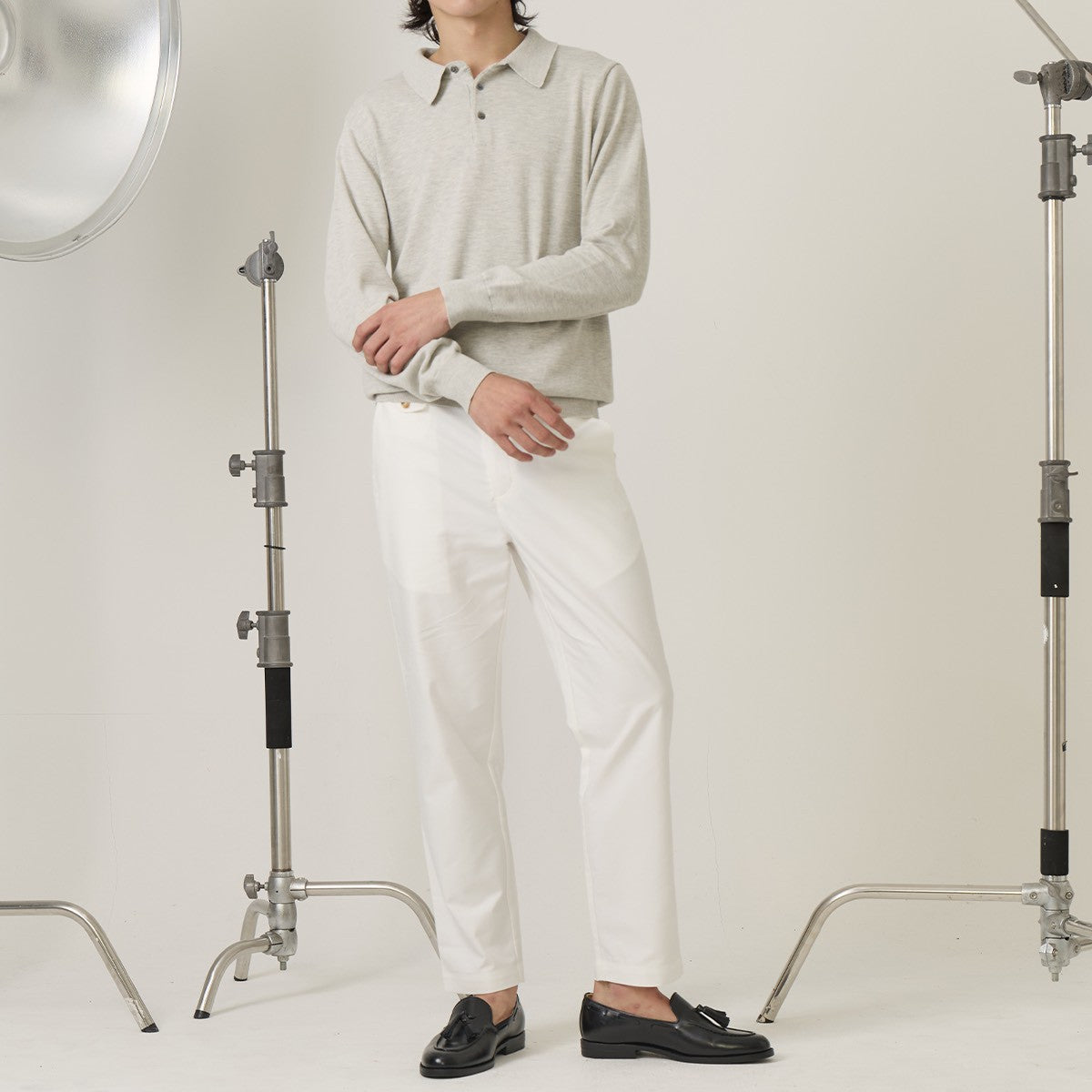HAYDEN LONG SLEEVES KNIT POLO - LIGHT GREY