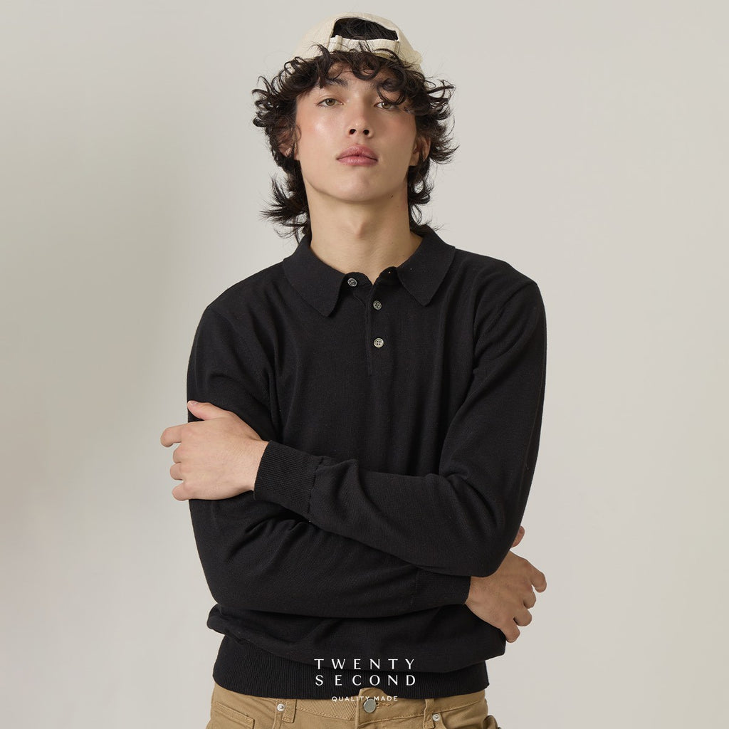 HAYDEN LONG SLEEVES KNIT POLO - BLACK