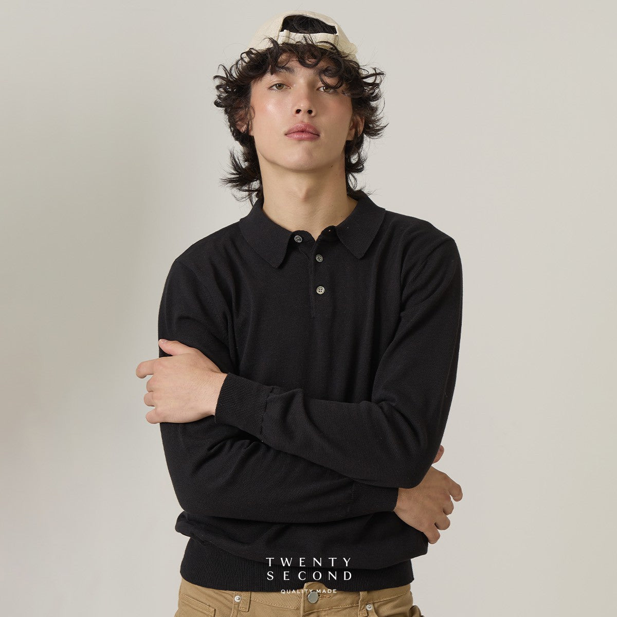 HAYDEN LONG SLEEVES KNIT POLO - BLACK