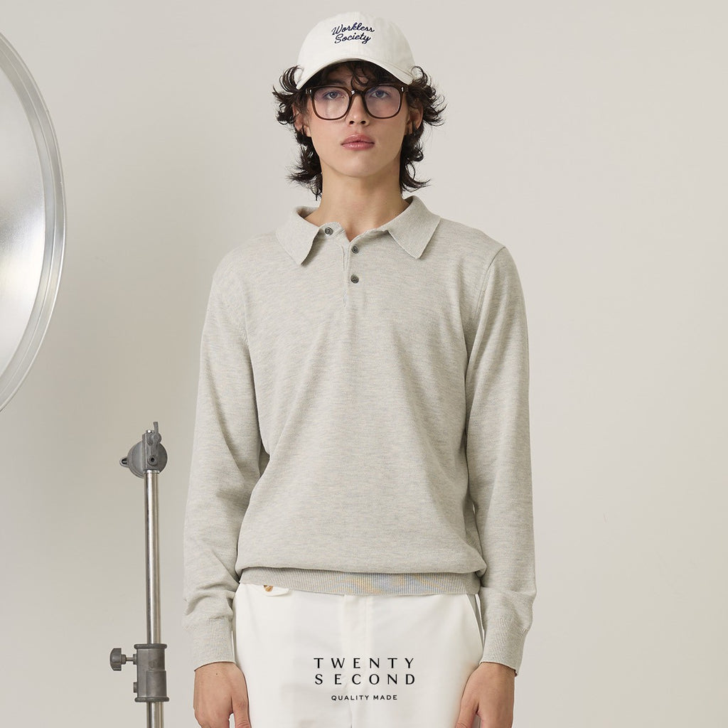 HAYDEN LONG SLEEVES KNIT POLO - LIGHT GREY