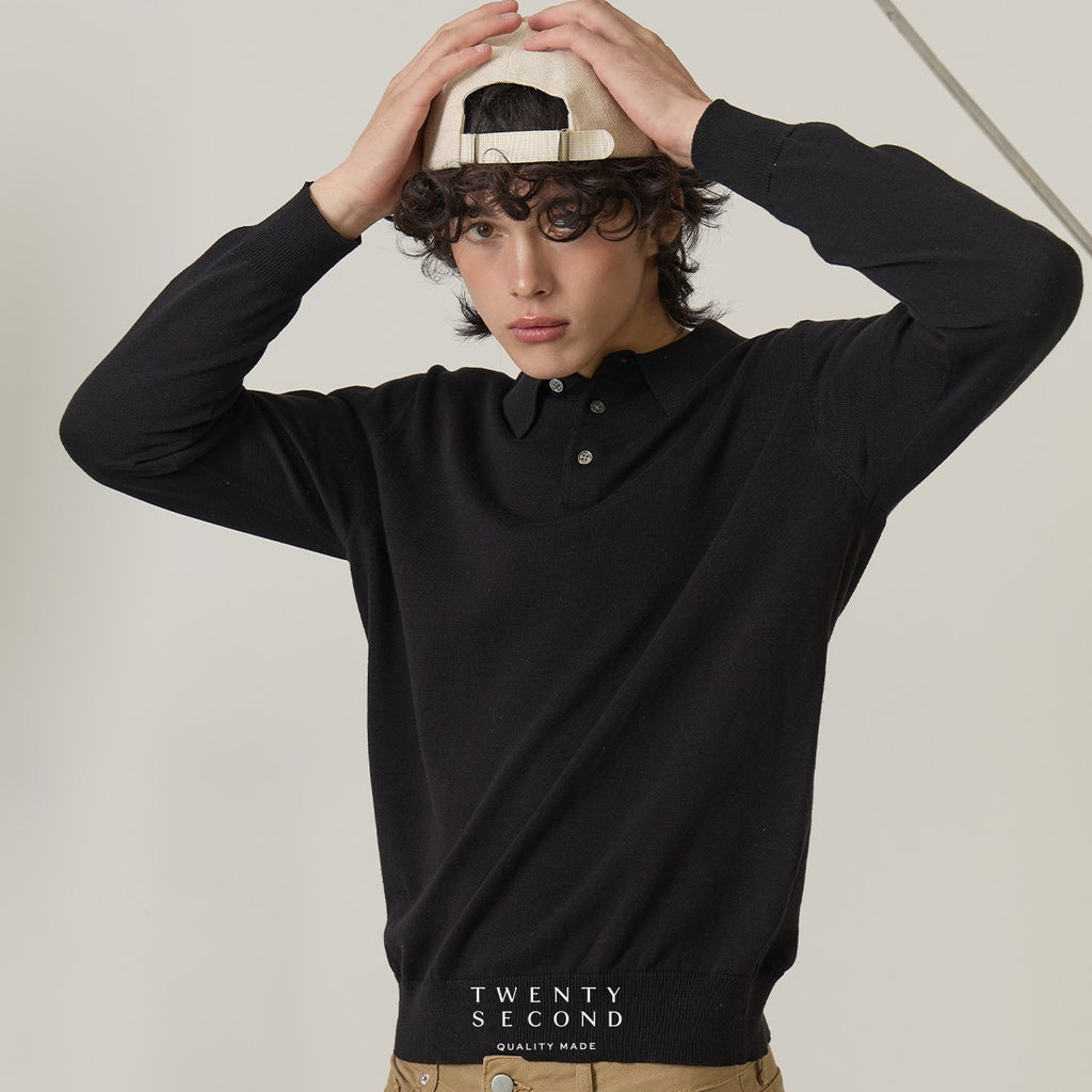 HAYDEN LONG SLEEVES KNIT POLO - BLACK