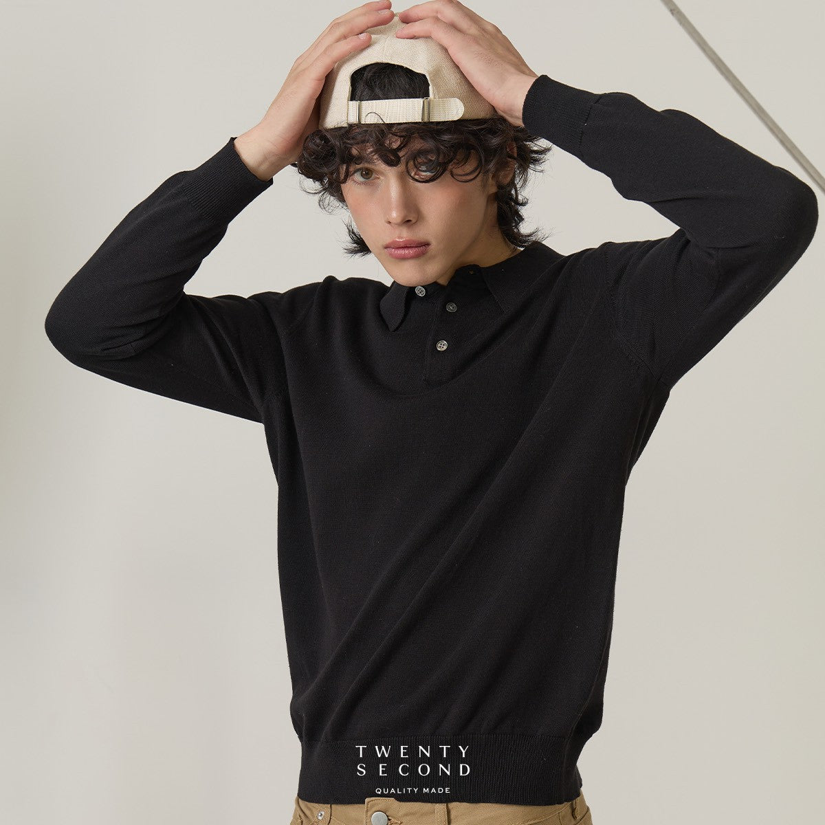 HAYDEN LONG SLEEVES KNIT POLO - BLACK