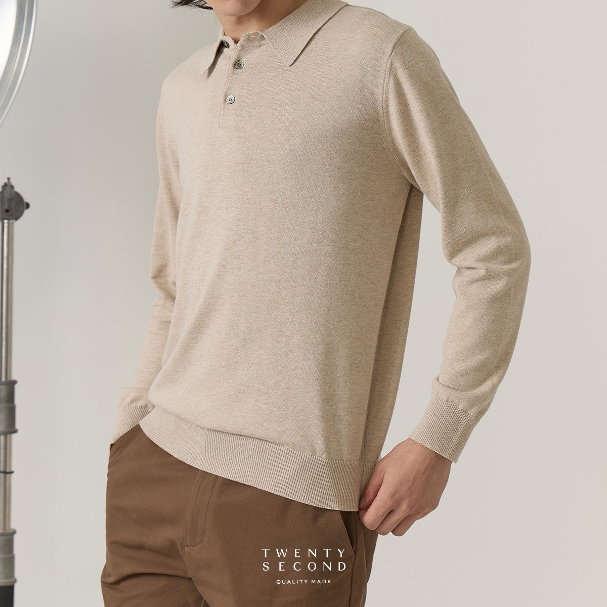 HAYDEN LONG SLEEVES KNIT POLO - OAT