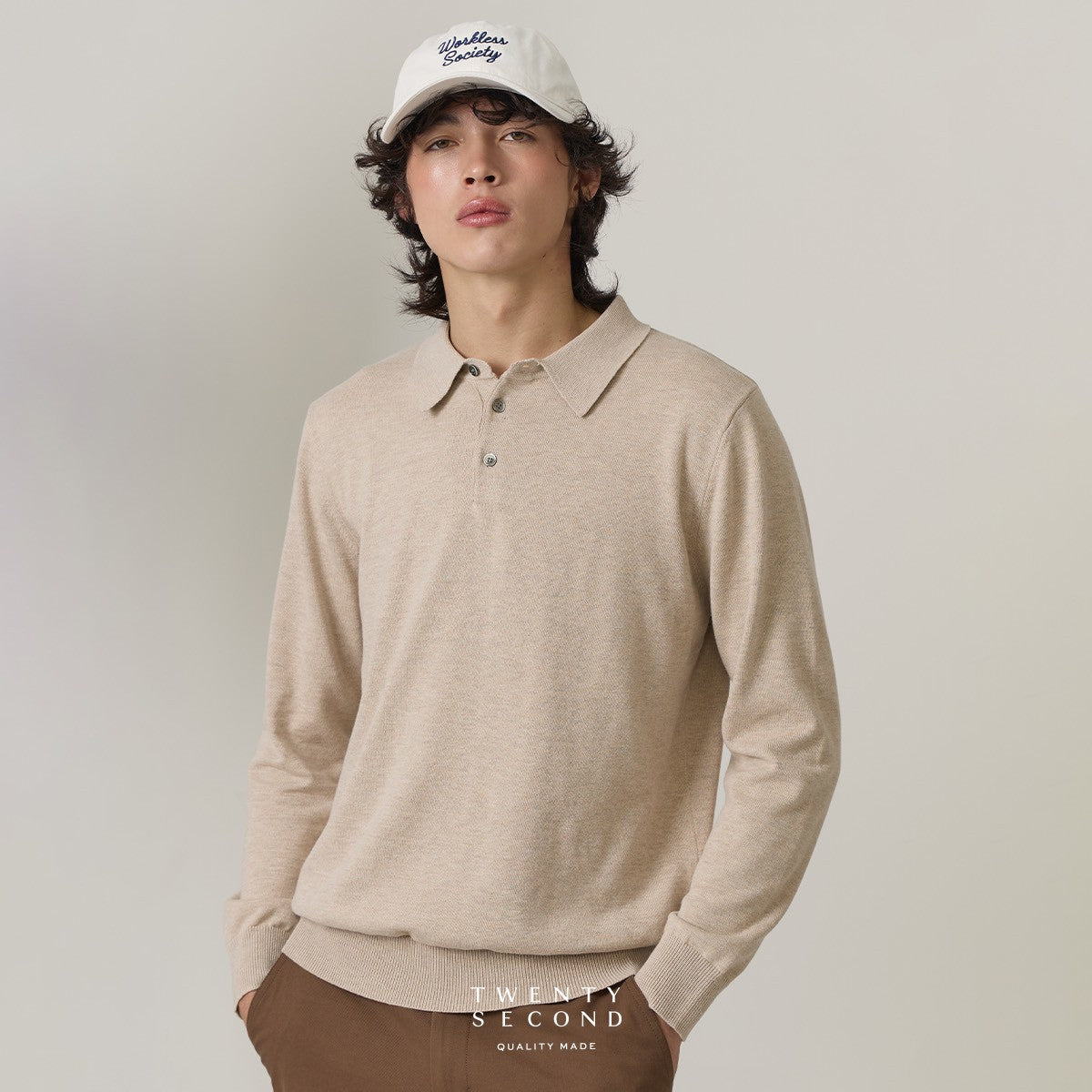 HAYDEN LONG SLEEVES KNIT POLO - OAT