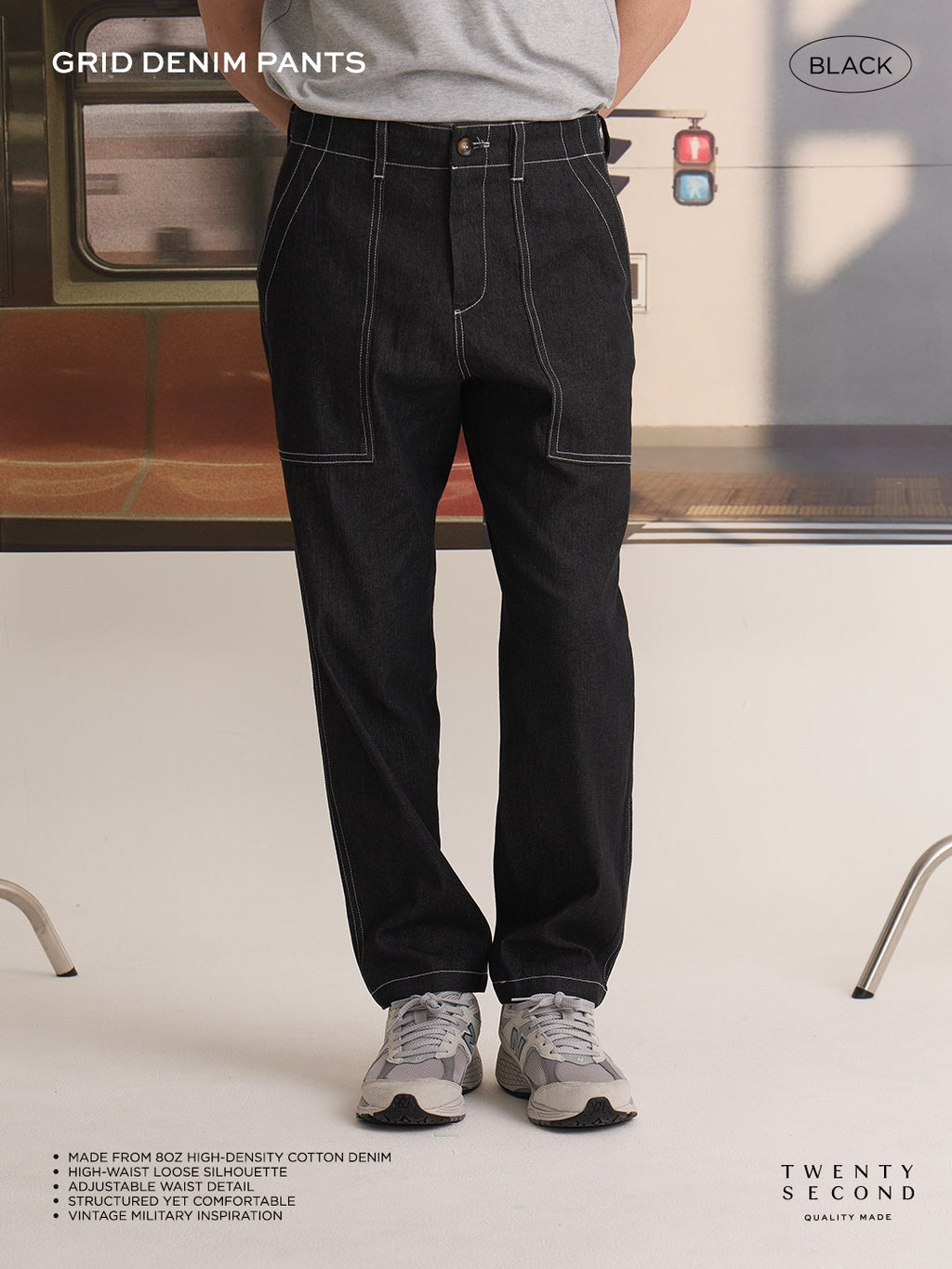 GRID DENIM PANTS - BLACK