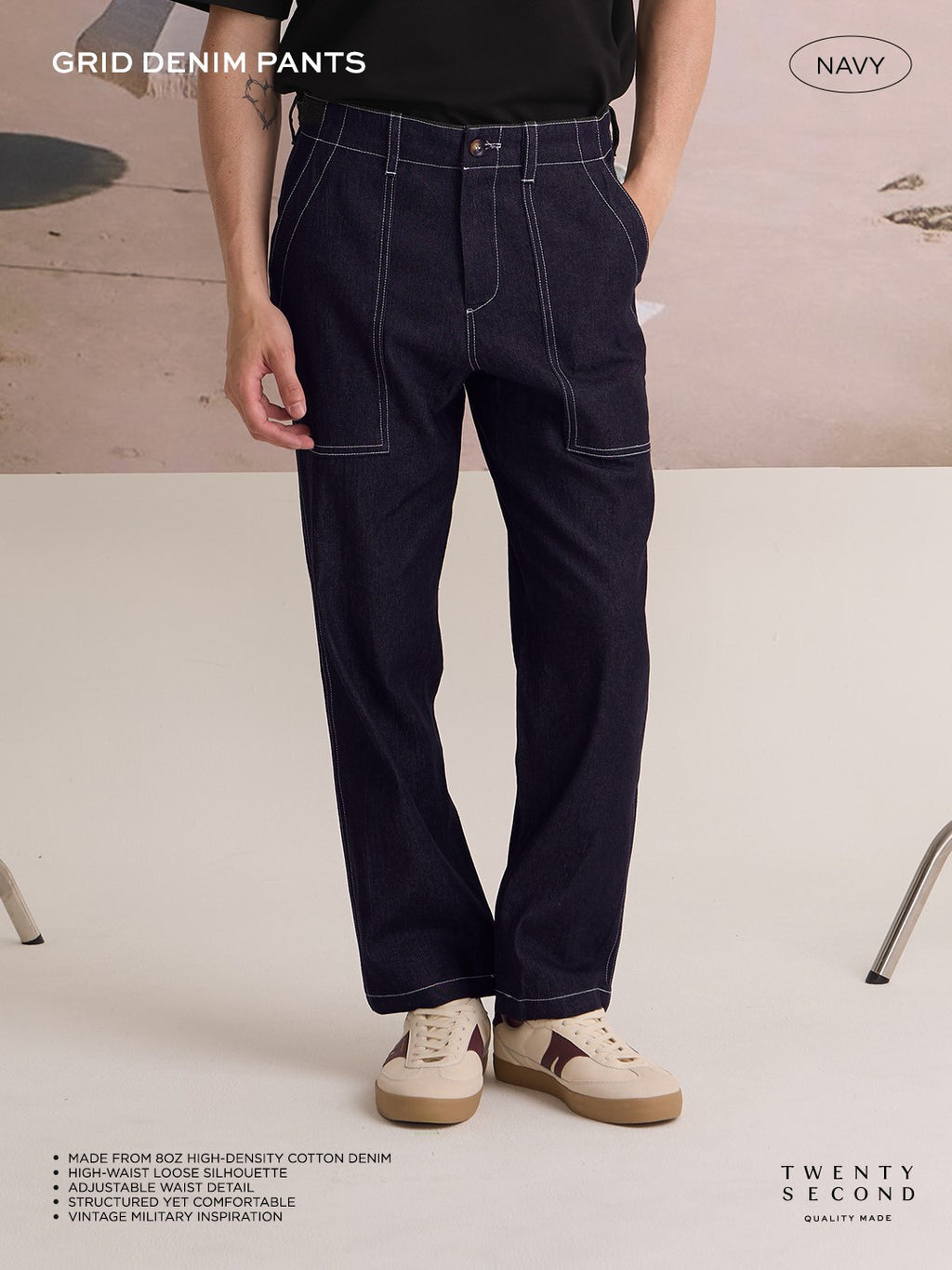 GRID DENIM PANTS - NAVY