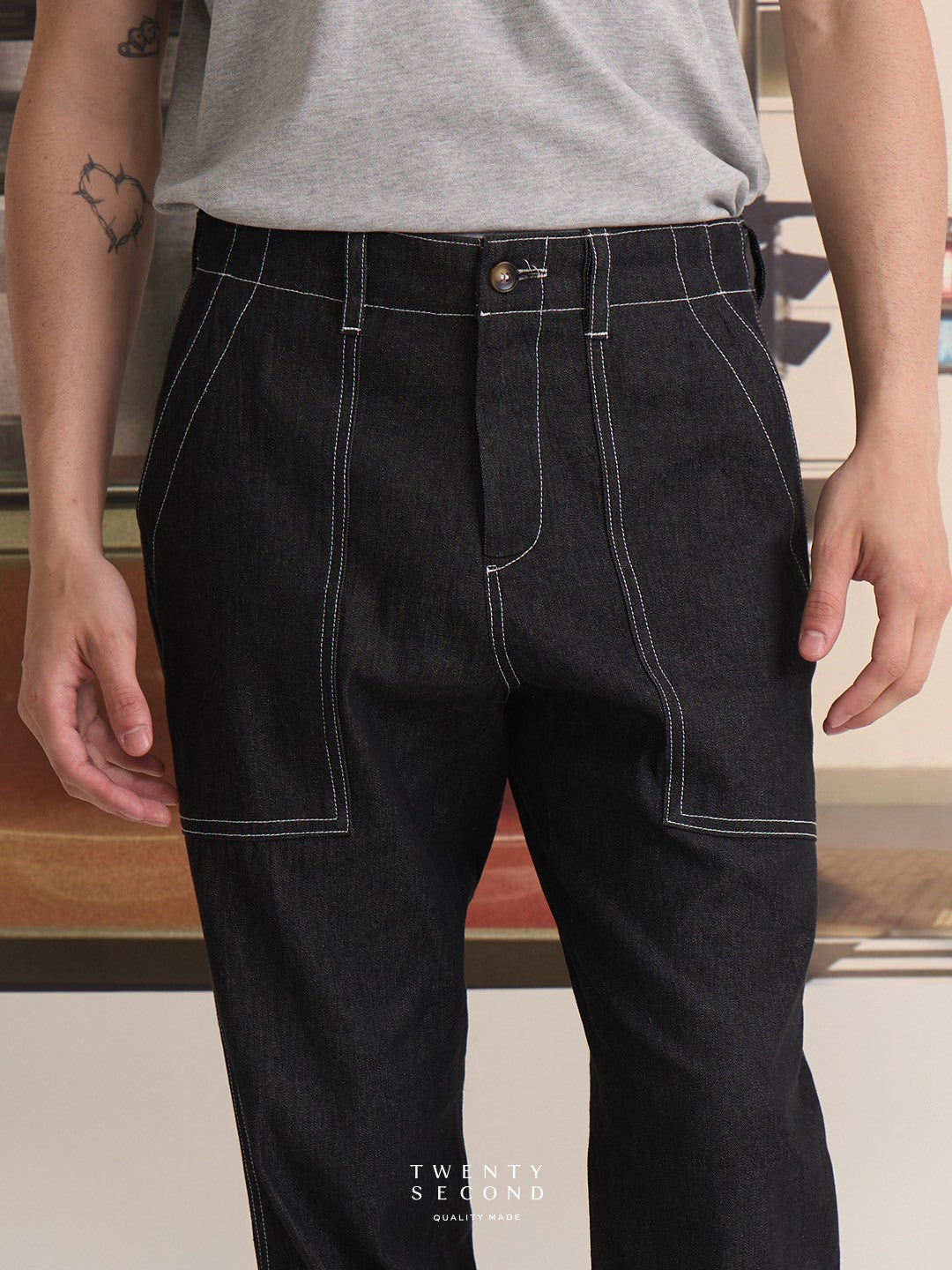 GRID DENIM PANTS - BLACK