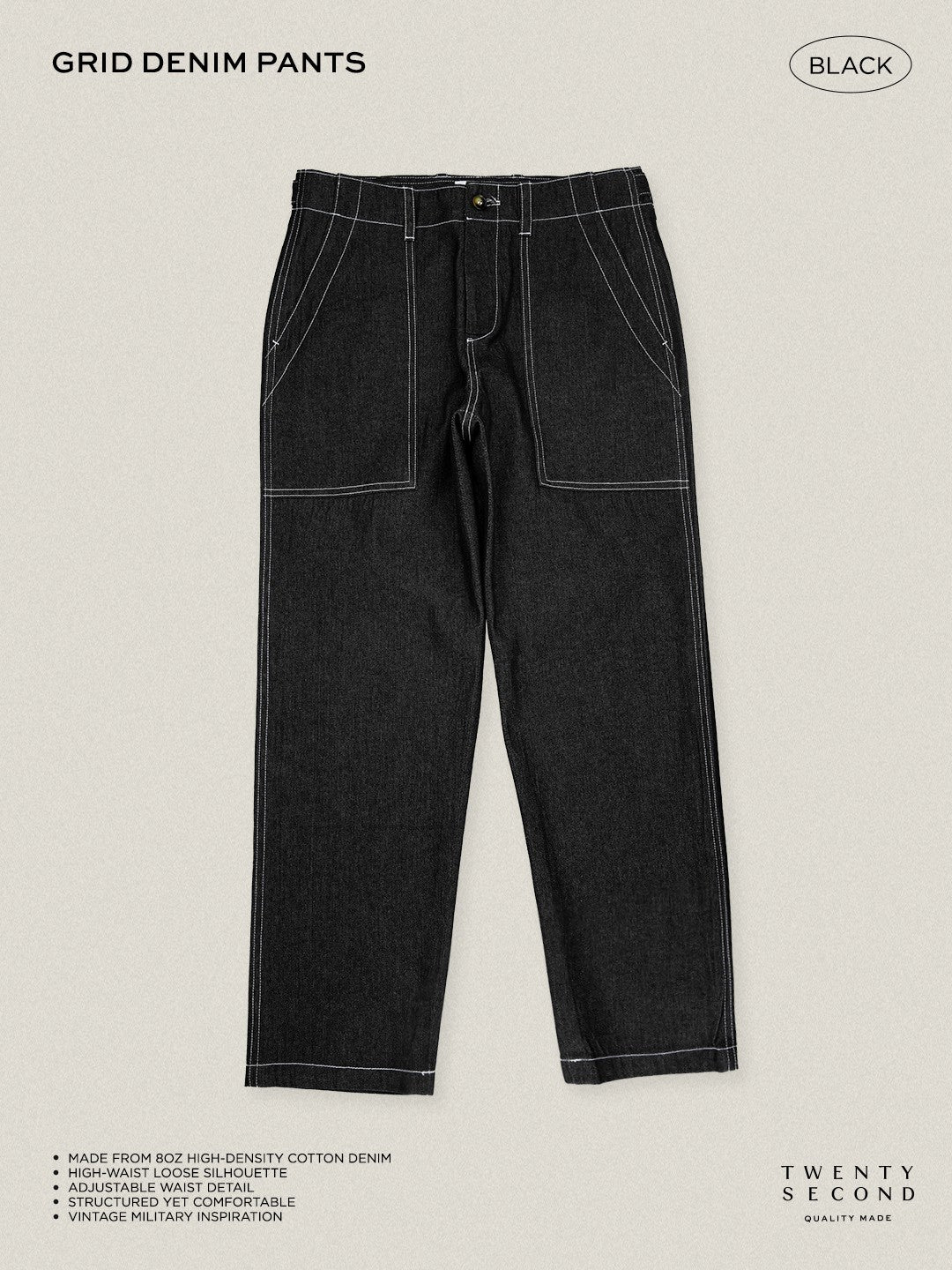 GRID DENIM PANTS - BLACK