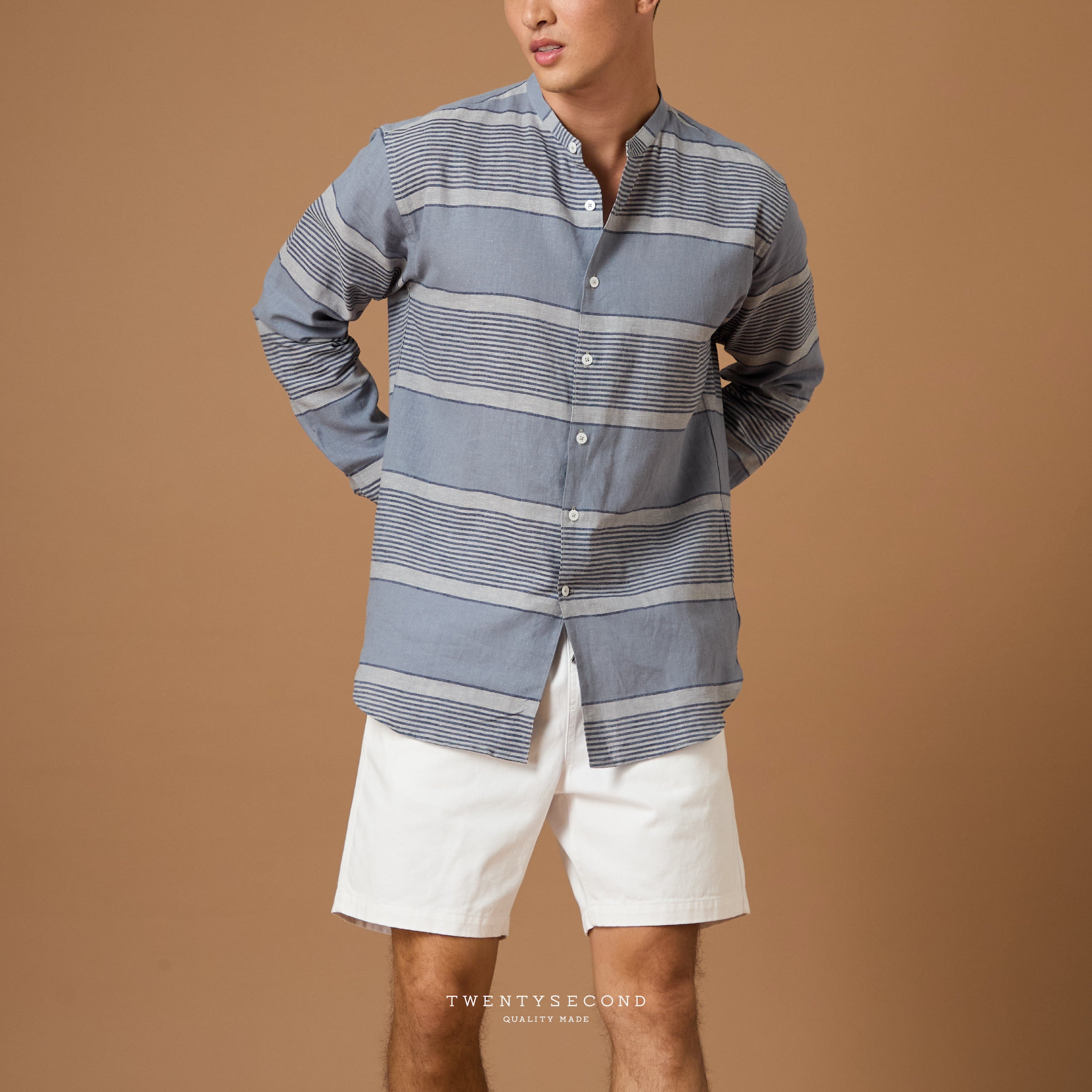 LINEN BAND COLLAR SHIRT - ST BLUE