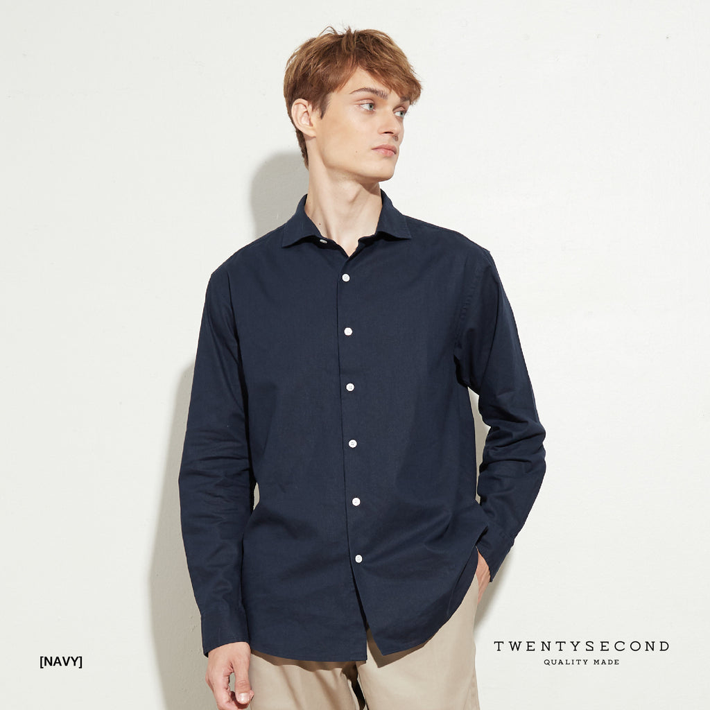 GIO LINEN SPREAD COLLAR SHIRT - NAVY