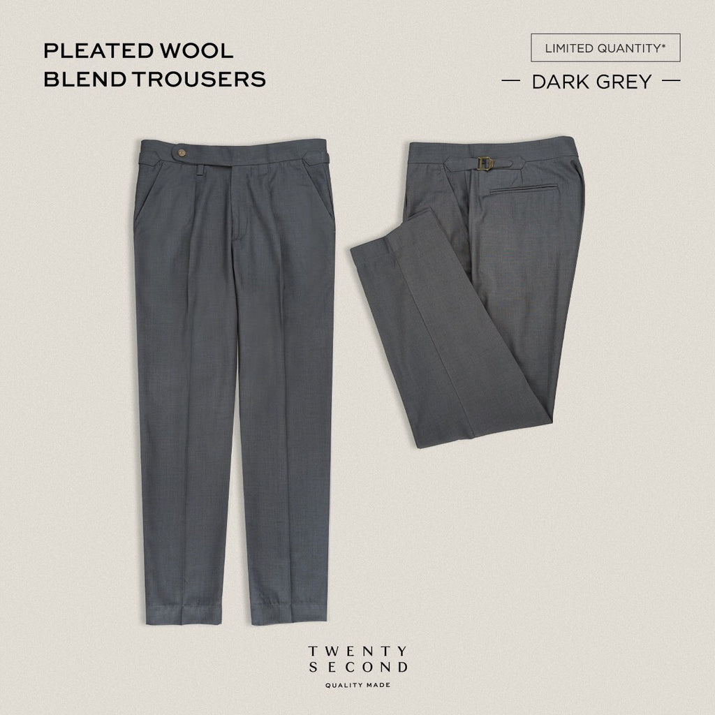 PLEATED WOOL BLEND TROUSERS - DARK GREY