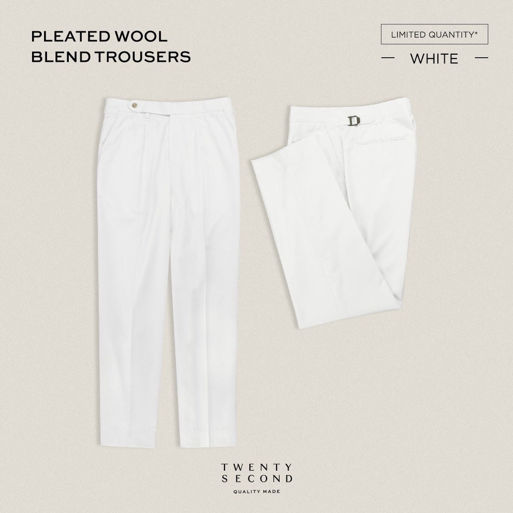 PLEATED WOOL BLEND TROUSERS - WHITE