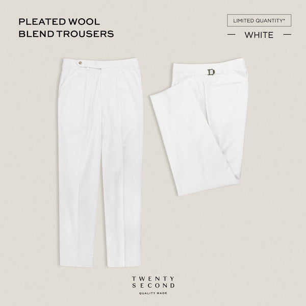 PLEATED WOOL BLEND TROUSERS - WHITE