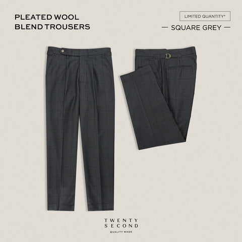PLEATED WOOL BLEND TROUSERS - SQUARE GREY