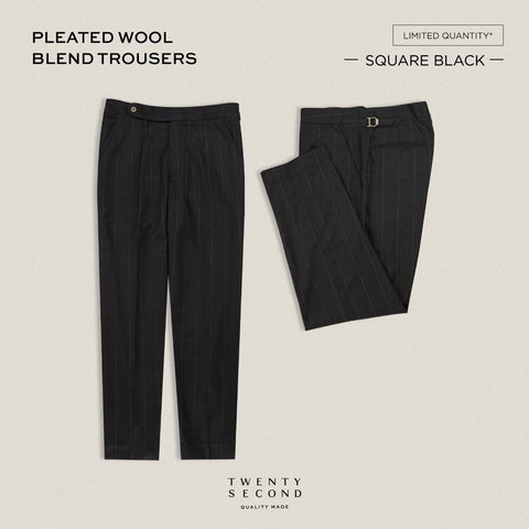 PLEATED WOOL BLEND TROUSERS - SQUARE BLACK