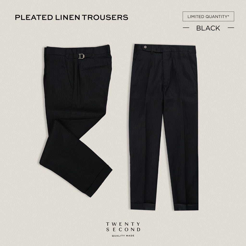 PLEATED LINEN TROUSERS - BLACK
