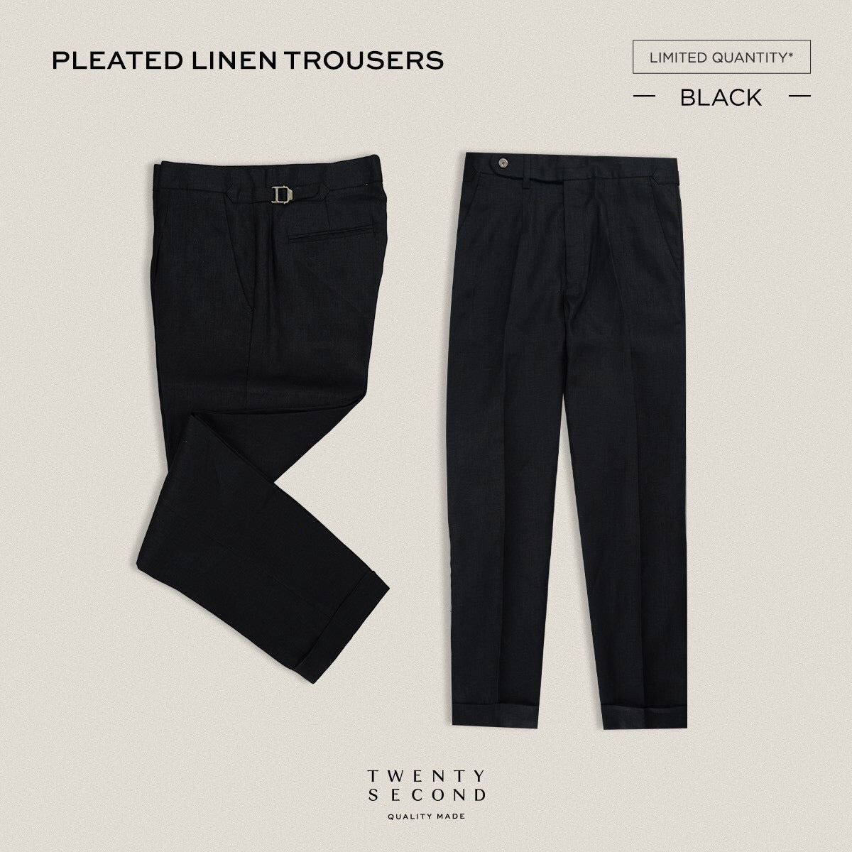 PLEATED LINEN TROUSERS - BLACK