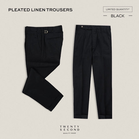 PLEATED LINEN TROUSERS - BLACK