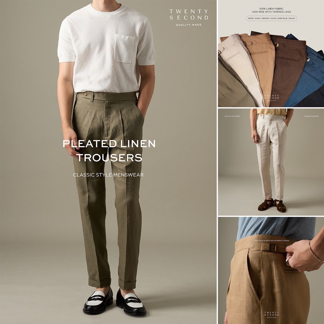 PLEATED LINEN TROUSERS - DARK BROWN