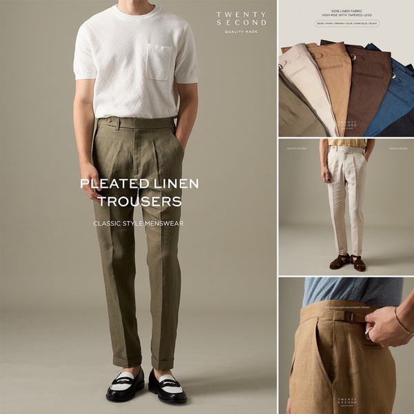 PLEATED LINEN TROUSERS - OLIVE