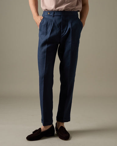 PLEATED LINEN TROUSERS - NAVY
