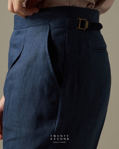 PLEATED LINEN TROUSERS - NAVY