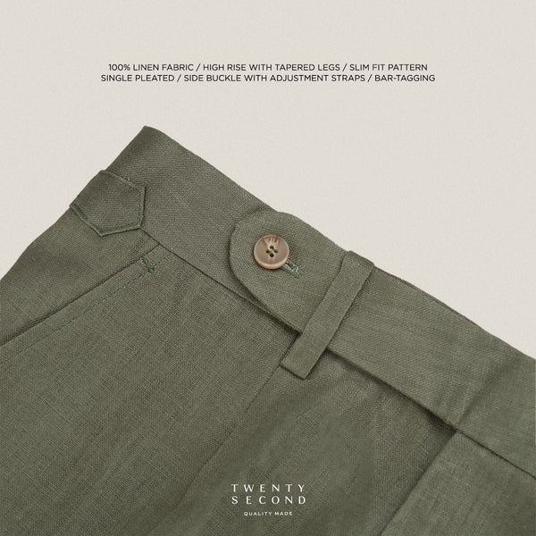 PLEATED LINEN TROUSERS - OLIVE