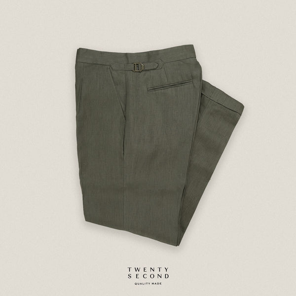 PLEATED LINEN TROUSERS - OLIVE