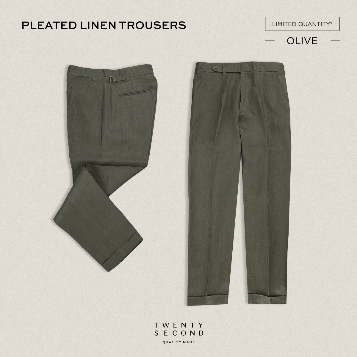 PLEATED LINEN TROUSERS - OLIVE