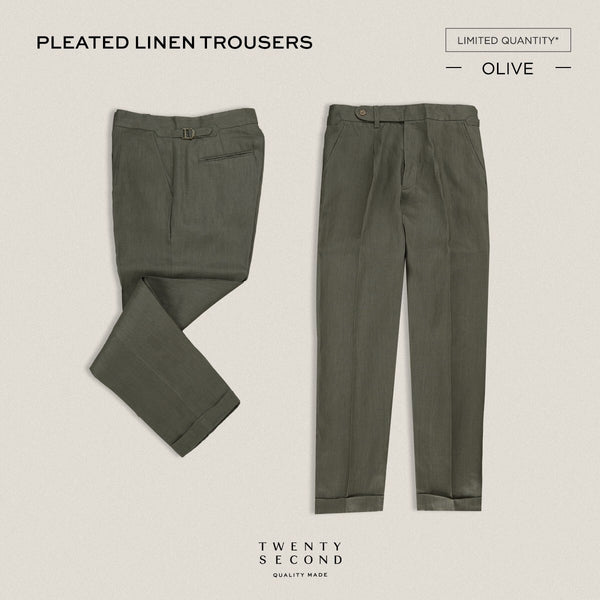 PLEATED LINEN TROUSERS - OLIVE