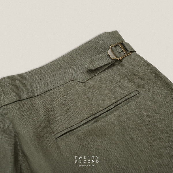 PLEATED LINEN TROUSERS - OLIVE