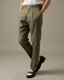 PLEATED LINEN TROUSERS - OLIVE