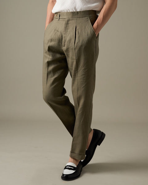 PLEATED LINEN TROUSERS - OLIVE