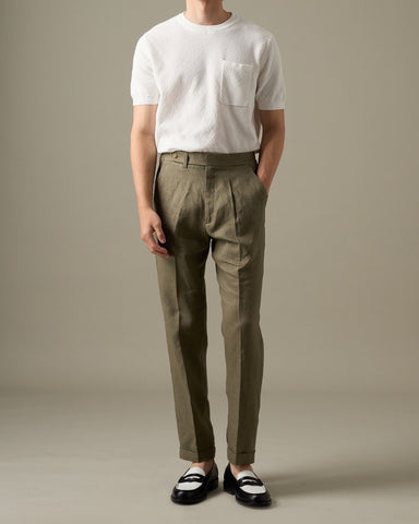 PLEATED LINEN TROUSERS - OLIVE