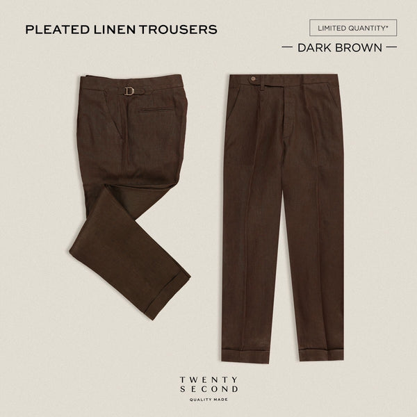 PLEATED LINEN TROUSERS - DARK BROWN
