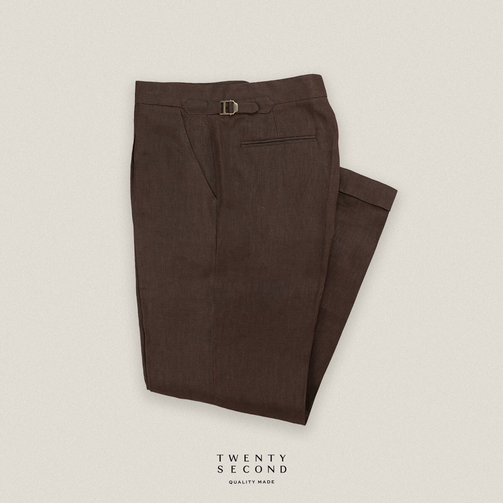 PLEATED LINEN TROUSERS - DARK BROWN