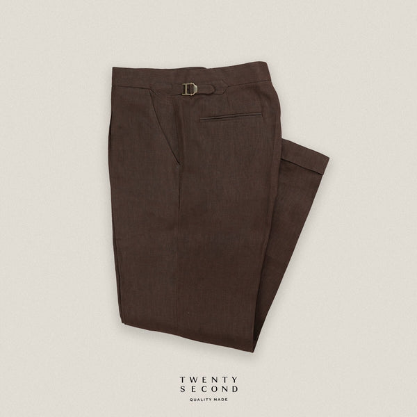 PLEATED LINEN TROUSERS - DARK BROWN