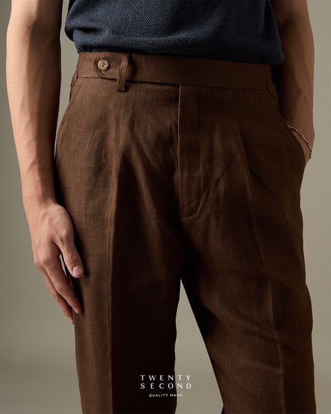 PLEATED LINEN TROUSERS - DARK BROWN