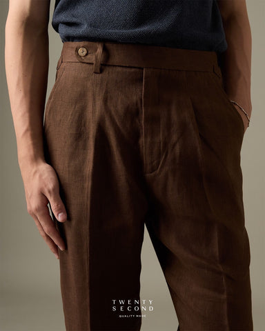 PLEATED LINEN TROUSERS - DARK BROWN