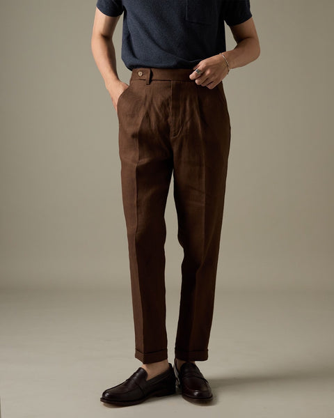 PLEATED LINEN TROUSERS - DARK BROWN