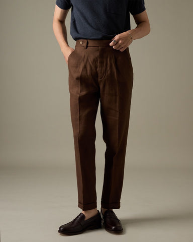 PLEATED LINEN TROUSERS - DARK BROWN