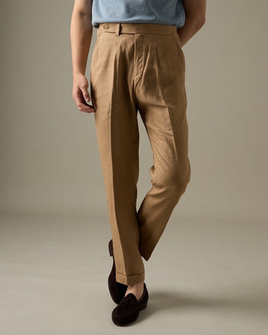 PLEATED LINEN TROUSERS - KHAKI