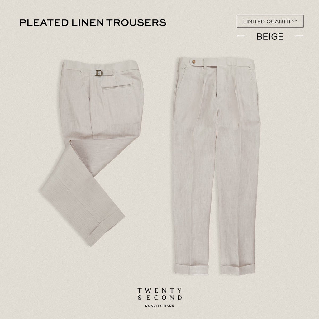 PLEATED LINEN TROUSRES - BEIGE