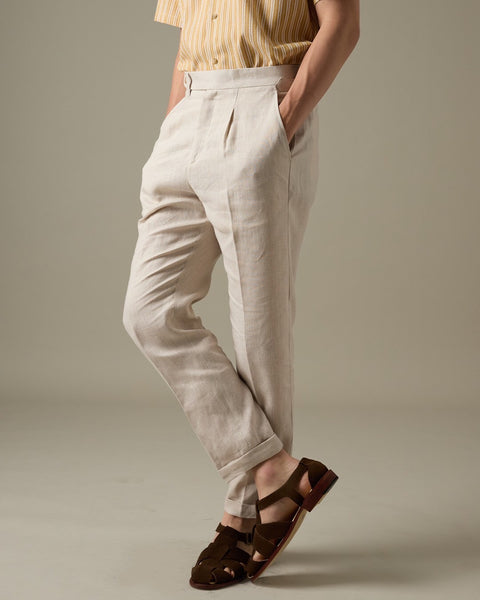 PLEATED LINEN TROUSRES - BEIGE