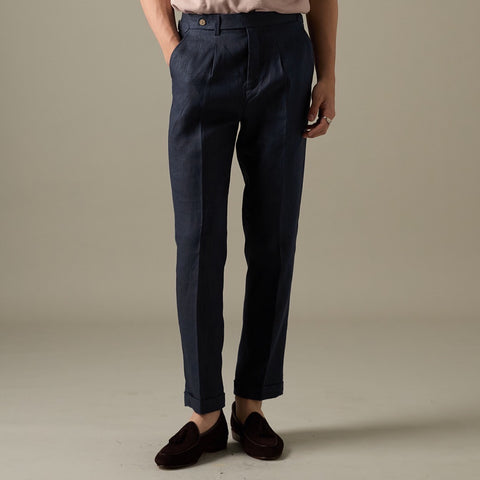 PLEATED LINEN TROUSERS - DARK BLUE
