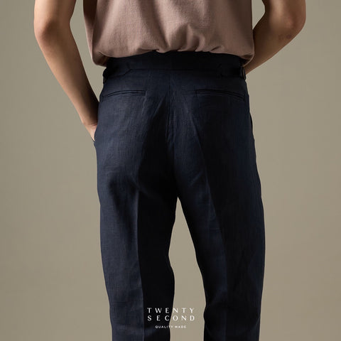 PLEATED LINEN TROUSERS - DARK BLUE